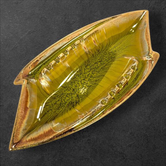Vintage MCM California Pottery Leaf Ashtray 14" Green Brown Gold Glaze Retro 70s - Picture 1 of 10
